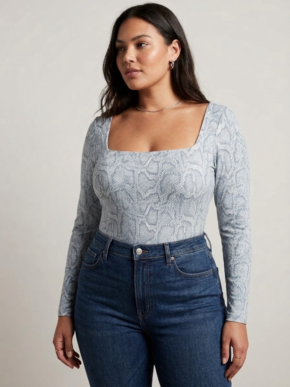 Aritzia Babaton Contour Long-Sleeve Square-Neck Snakeskin Bodysuit Size XL Fall